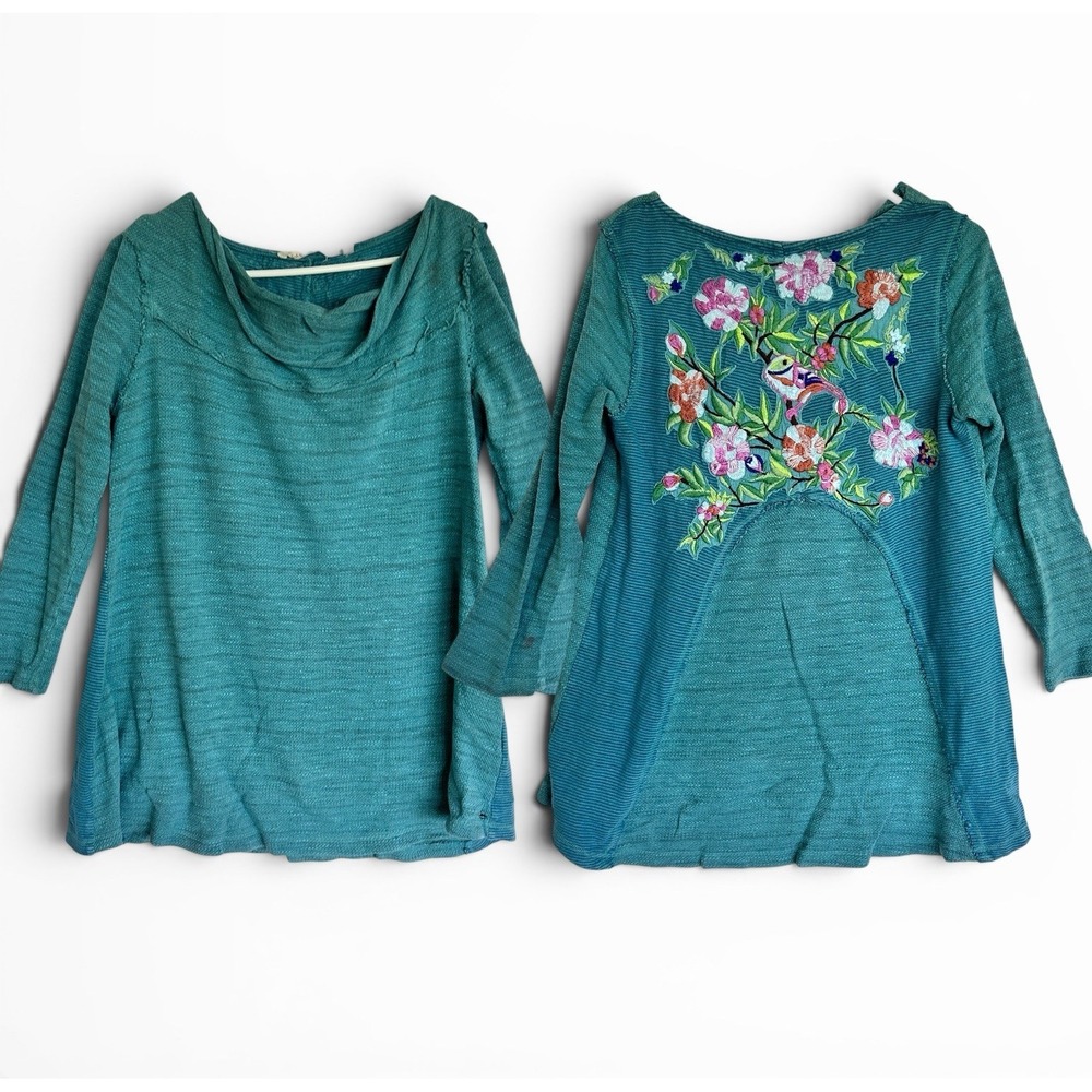 Soft Surroundings Embroidered Botanical Birds  Thermal Tunic Shirt Top Sz L